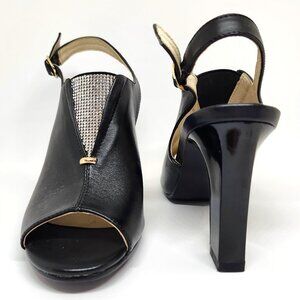 Kiss Kiss Women's Black Slingback Leather Block High-Heel W/Rhinestones Size 7.5